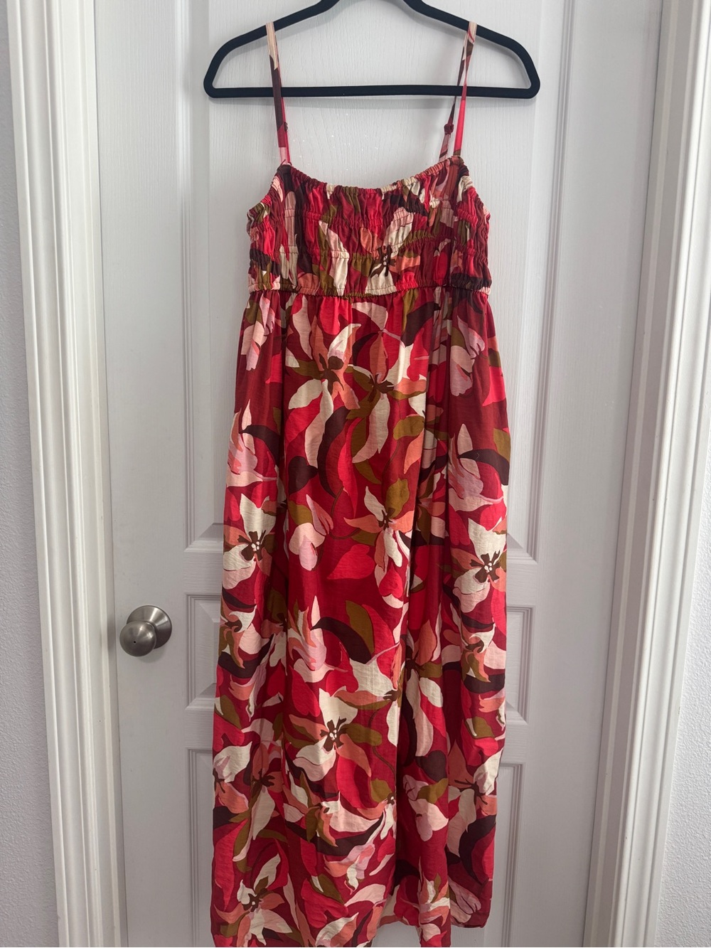 Women's "A New Day" Red Floral Smocked Spaghetti-Strap Casual Midi Dress